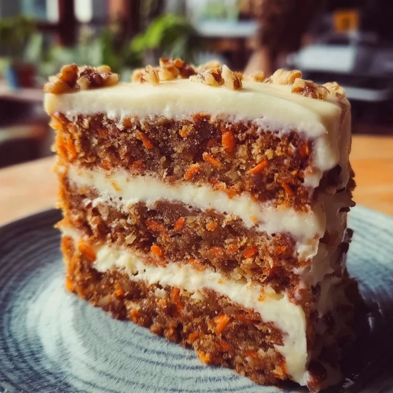 Slice of Mom's Legendary Carrot Cake topped with cream cheese frosting