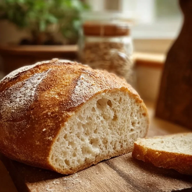 Loaf of no knead gluten free bread on a wooden cutting board.