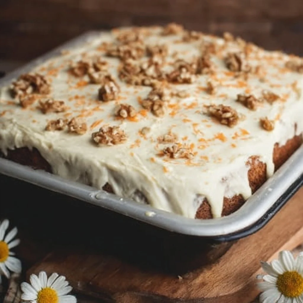 Slice of old-fashioned carrot cake with homemade cream cheese frosting on a plate