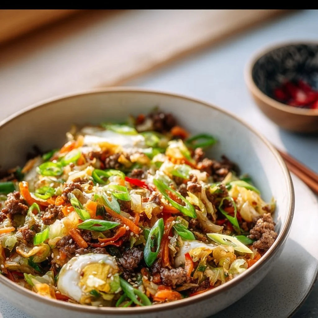 Healthy Paleo Egg Roll in a Bowl recipe with fresh vegetables and protein
