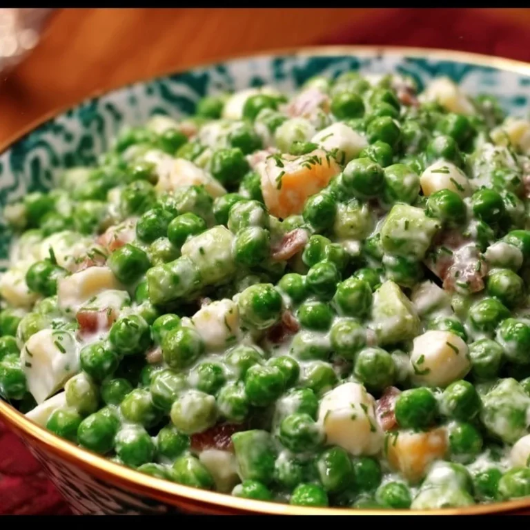 Paula Deen's vibrant green pea salad with fresh vegetables in a serving bowl.