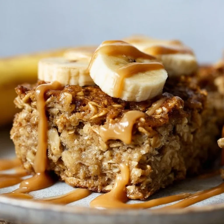 Peanut Butter Banana Baked Oatmeal served in a bowl with banana slices on top.