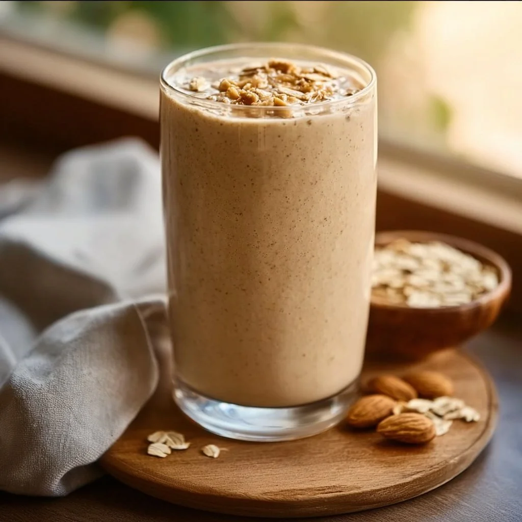 Peanut Butter Oatmeal Smoothie in a glass with oats and peanut butter