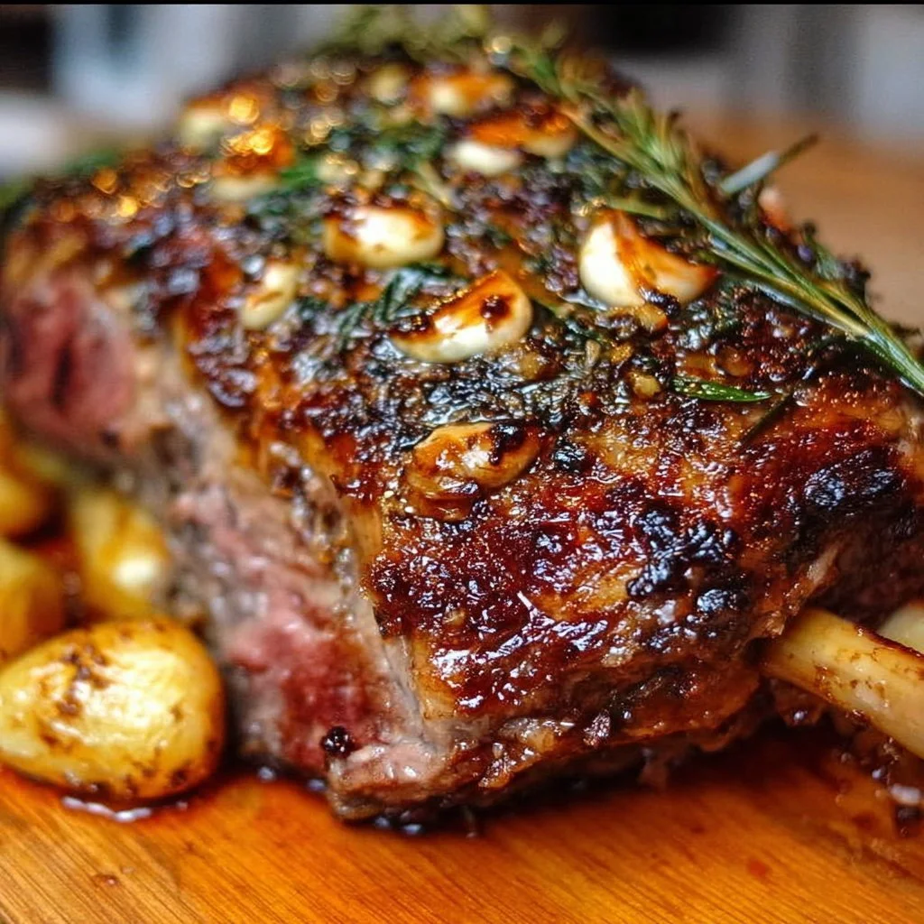 Perfectly roasted leg of lamb garnished with garlic and herbs
