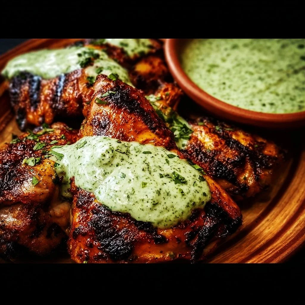 Delicious Peruvian grilled chicken served with creamy green sauce