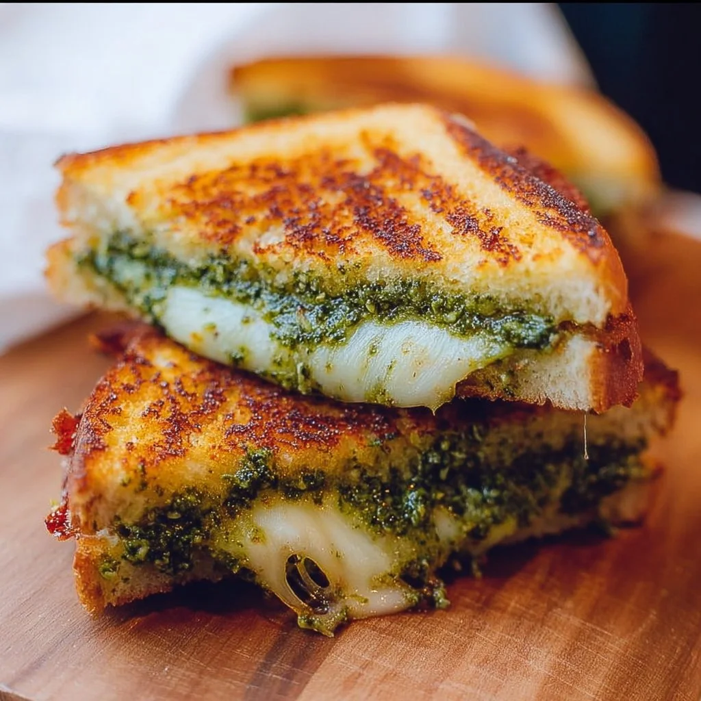 Pesto Grilled Cheese sandwich with melted cheese and basil pesto on toasted bread.