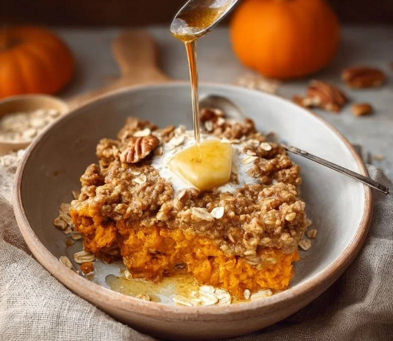 Delicious homemade pumpkin baked oatmeal in a ceramic dish.