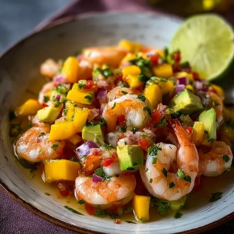 Quick mango shrimp ceviche with avocado served in a bowl