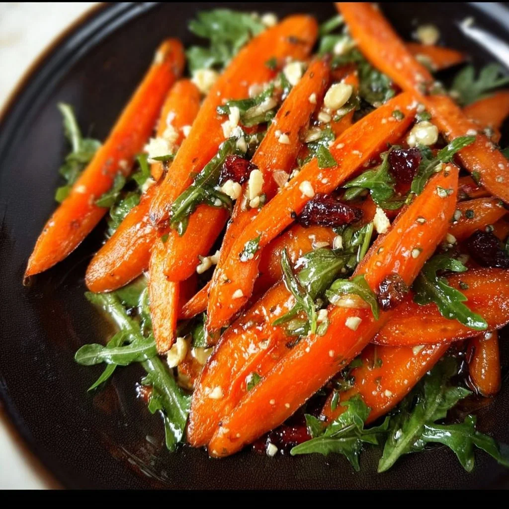 Beautiful bowl of roasted carrot salad with greens and vinaigrette