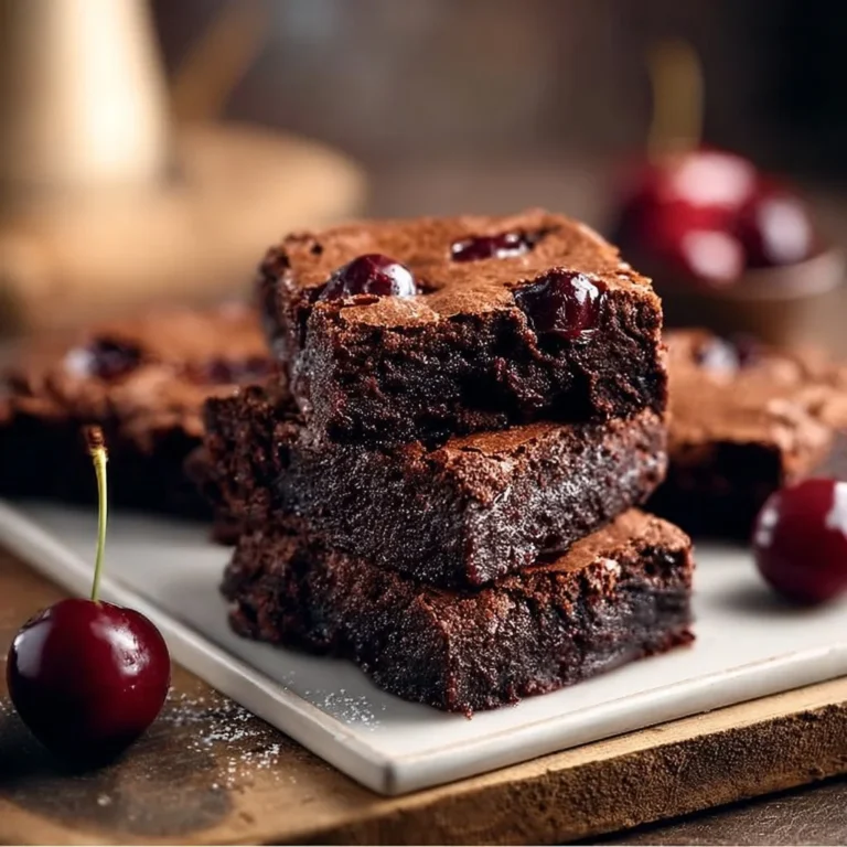 Decadent roasted cherry brownies topped with fresh cherries