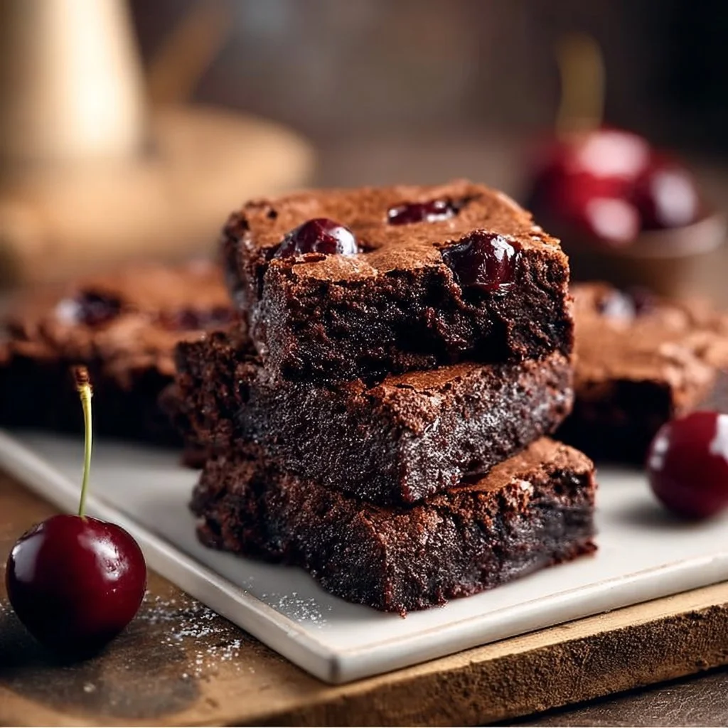 Decadent roasted cherry brownies topped with fresh cherries