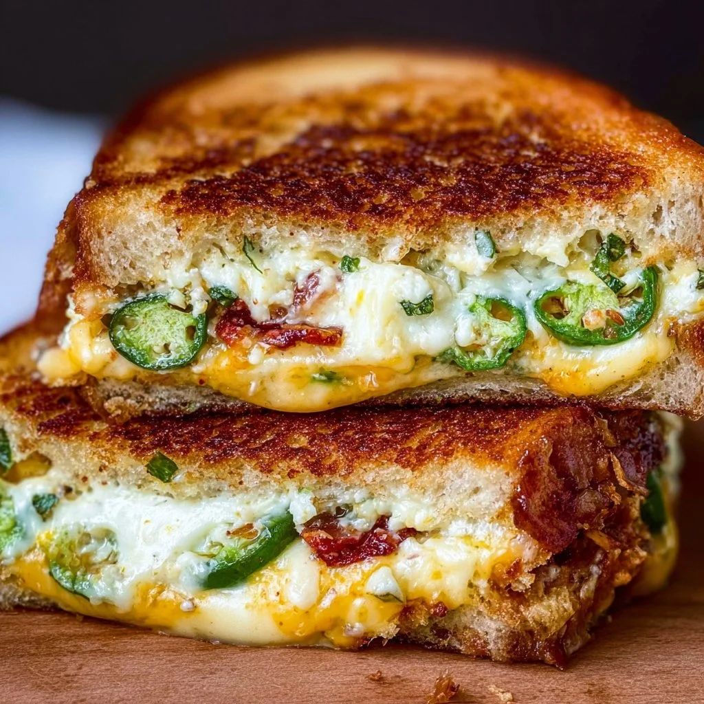 Delicious roasted jalapeno popper grilled cheese sandwich with melted cheese.