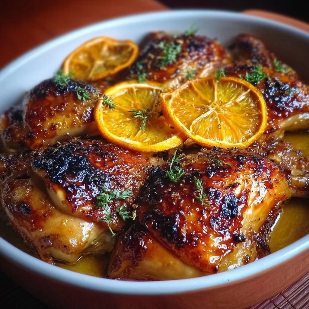 Roasted Orange Chicken served with garnishes on a plate