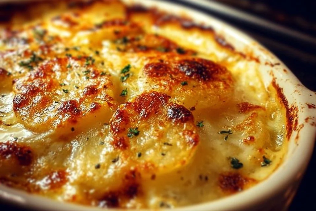 Delicious Ruth's Chris Gratin Potatoes topped with cheese and herbs