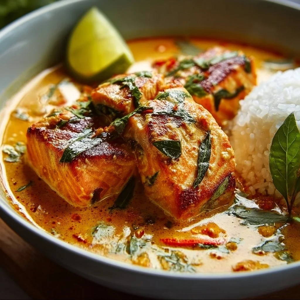 Bowl of salmon coconut curry with fresh herbs and spices