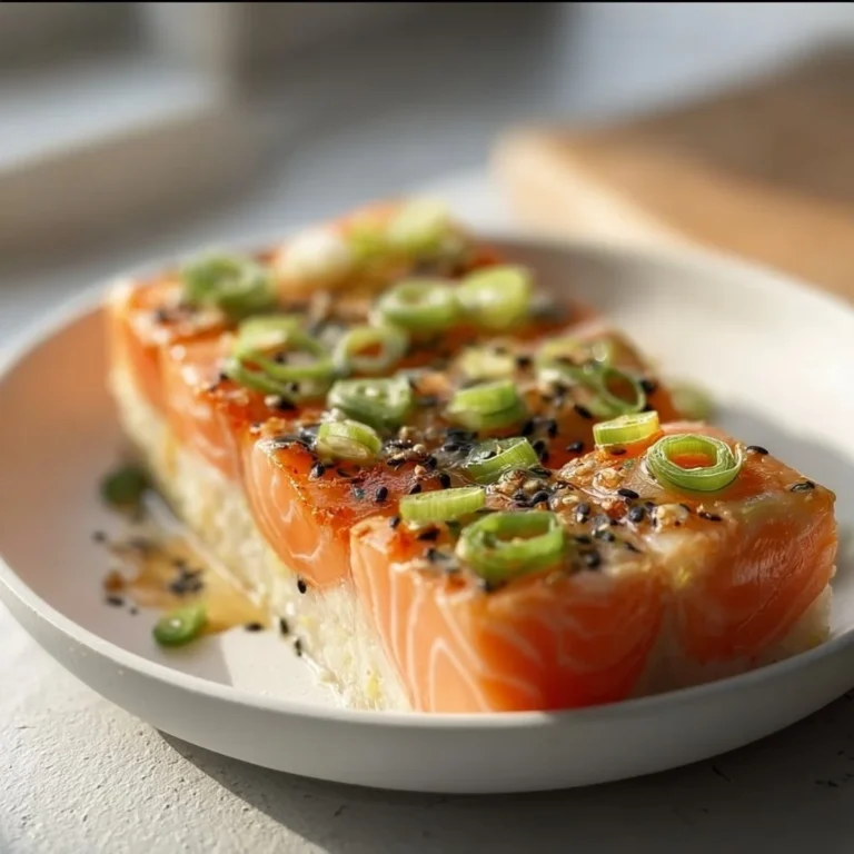Baked salmon sushi dish with toppings, showcasing a fusion of flavors and textures.