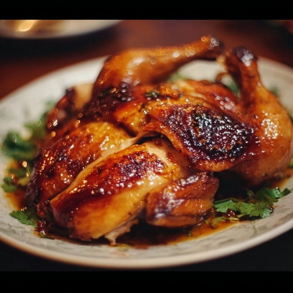 Plate of flavorful Shandong Roast Chicken garnished with herbs and spices.