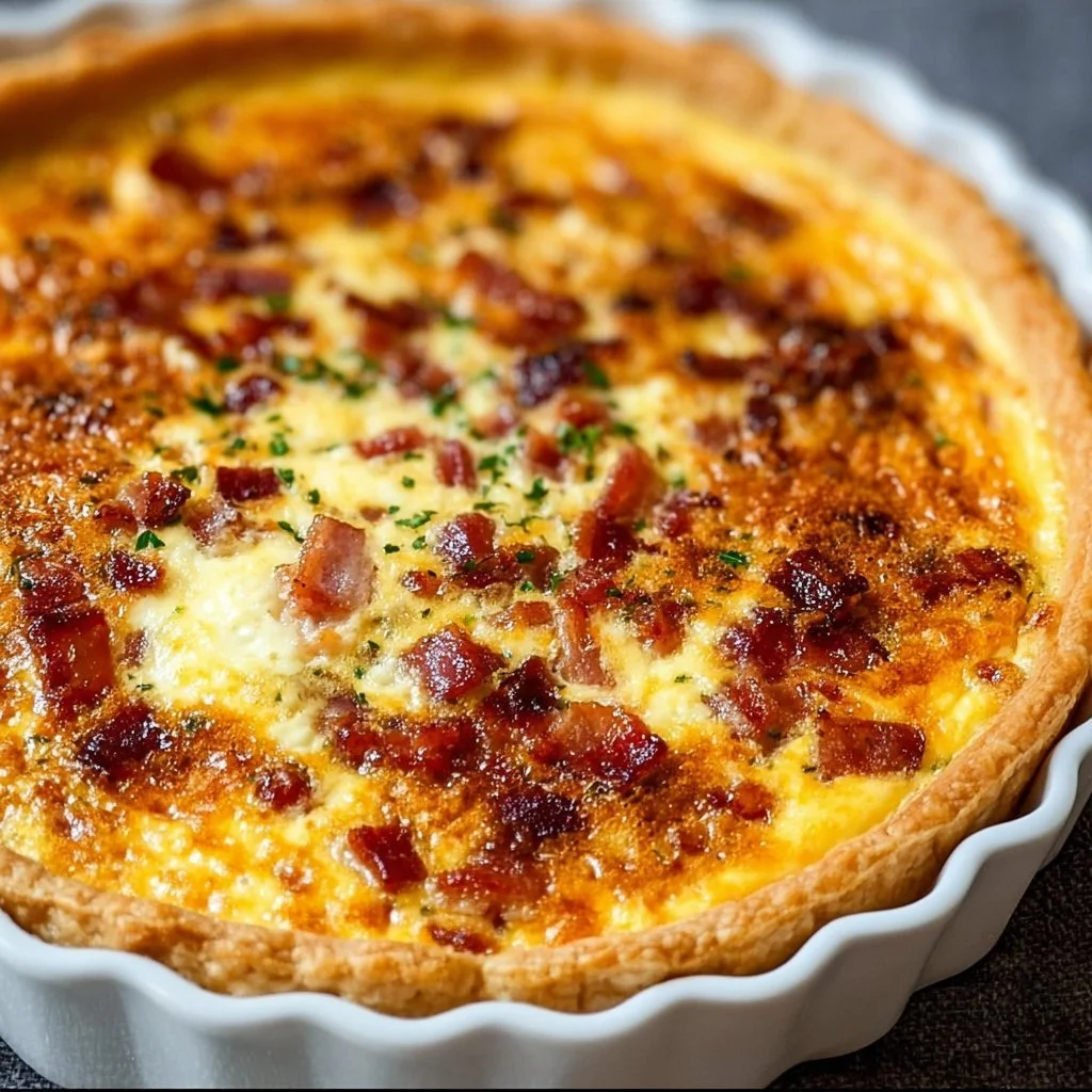 A delicious bacon and cheese breakfast quiche served on a plate