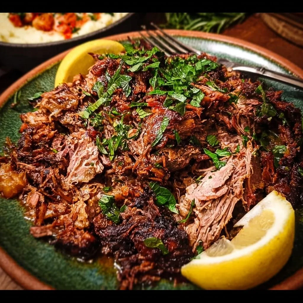Slow-cooked Middle Eastern pulled lamb served with aromatic spices and herbs.