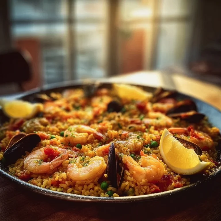Delicious Spanish paella adorned with seafood and vibrant vegetables