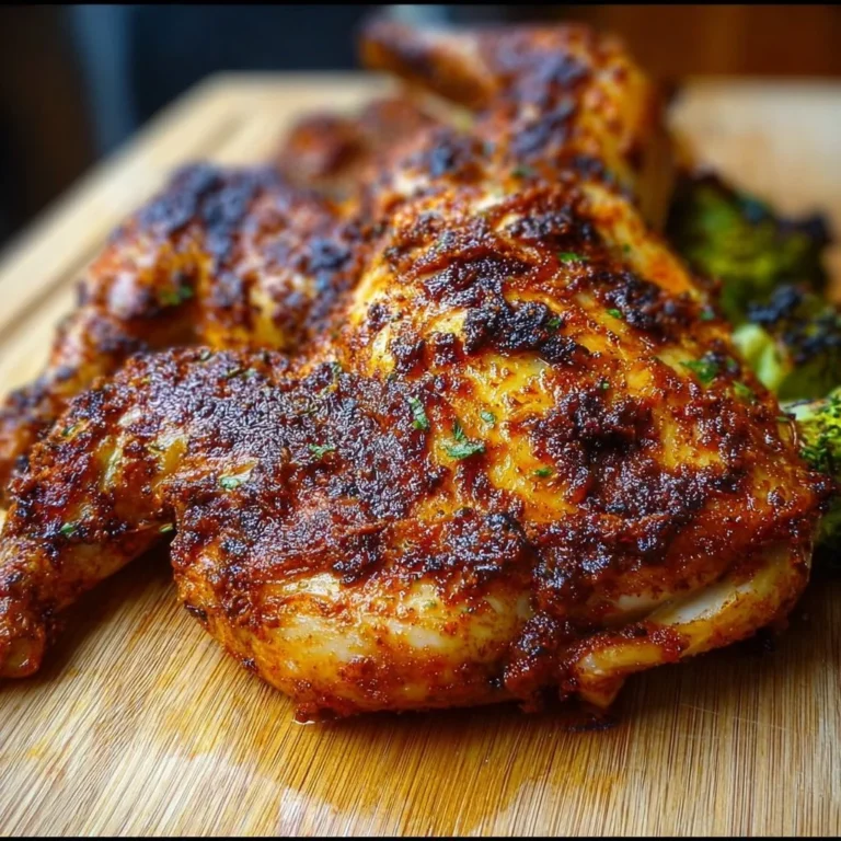 Juicy spatchcock chicken with crispy skin, ready to serve.