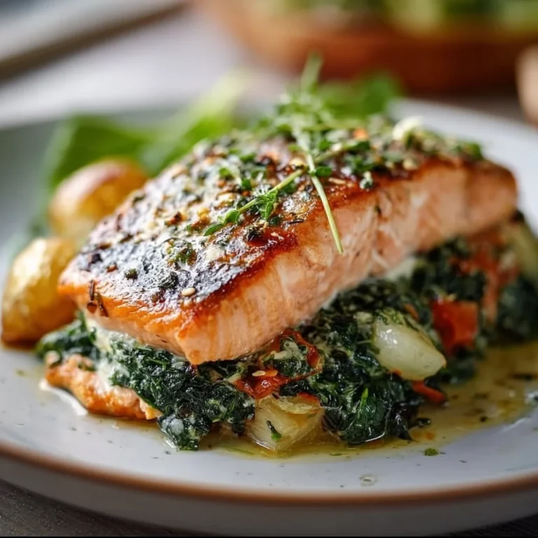 Delicious spinach stuffed salmon fillet served with vegetables on a plate