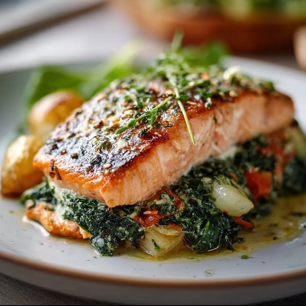 Delicious spinach stuffed salmon fillet served with vegetables on a plate