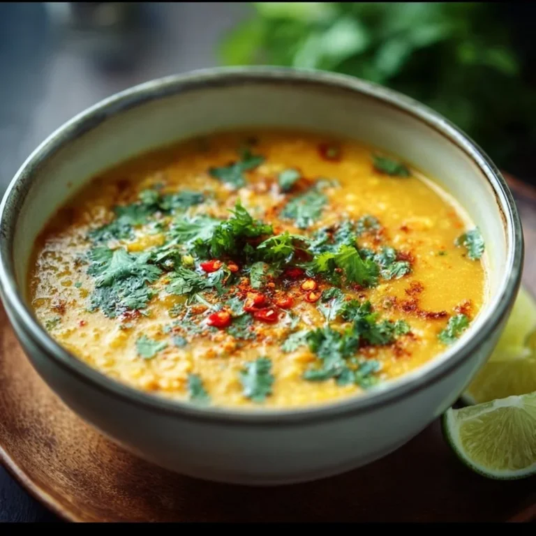 A bowl of delicious Thai Coconut Red Lentil Soup garnished with fresh herbs.