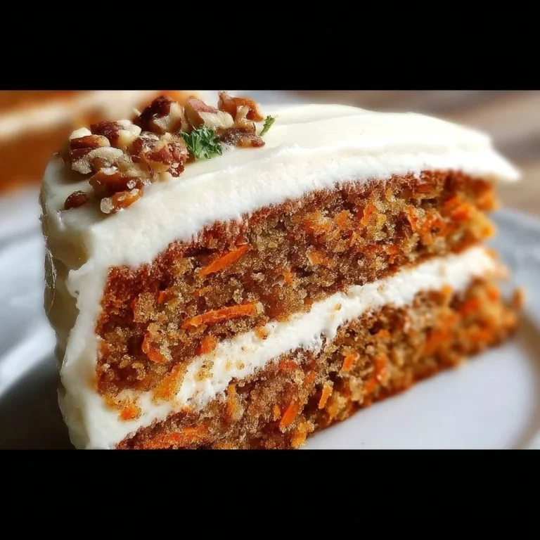 Slice of the ultimate carrot cake with cream cheese frosting on a rustic table