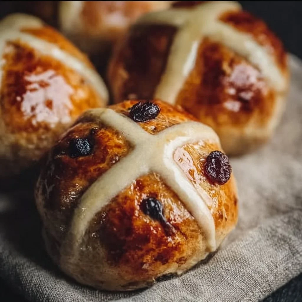 Freshly baked traditional Easter Hot Cross Buns on a wooden table.