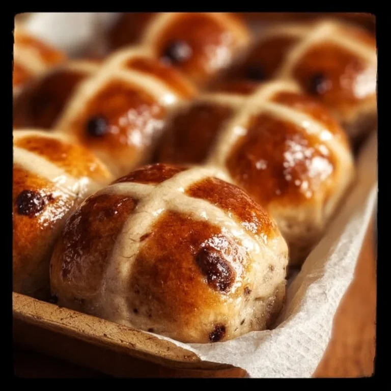 Freshly baked traditional hot cross buns with a golden crust and cross pattern