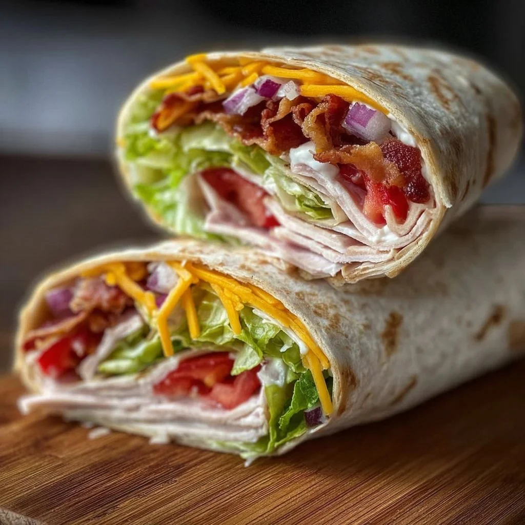 Delicious Turkey Ranch Club Wrap with turkey, veggies, and ranch dressing