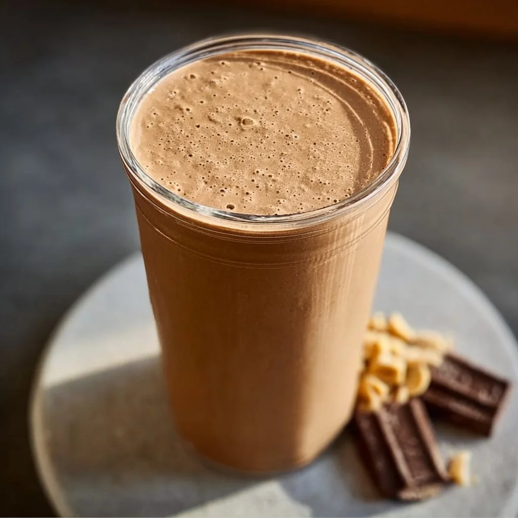 Vegan chocolate peanut butter protein shake in a glass with a straw.