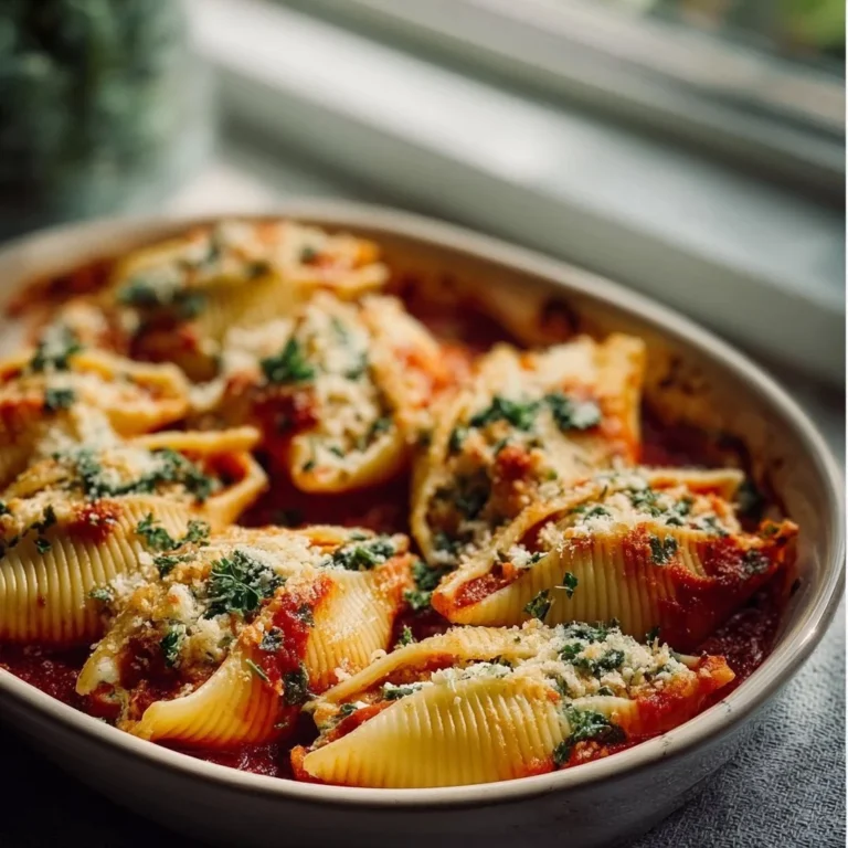 Vegan stuffed shells filled with plant-based cheese and herbs, served hot.