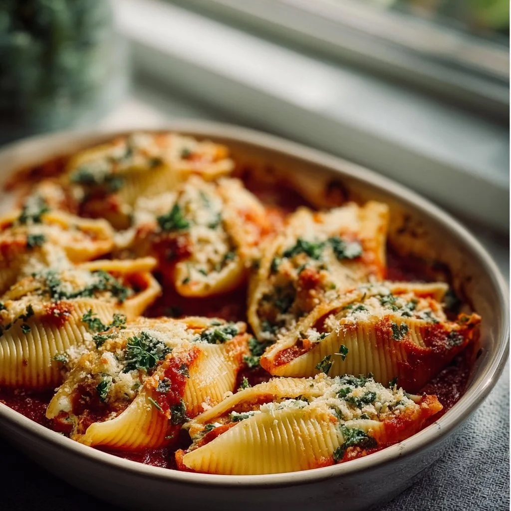 Vegan stuffed shells filled with plant-based cheese and herbs, served hot.