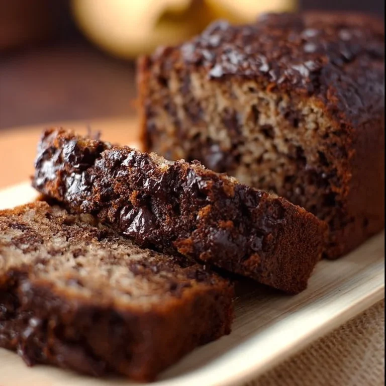 Bananenbrot mit Schokolade auf einem Holzbrett