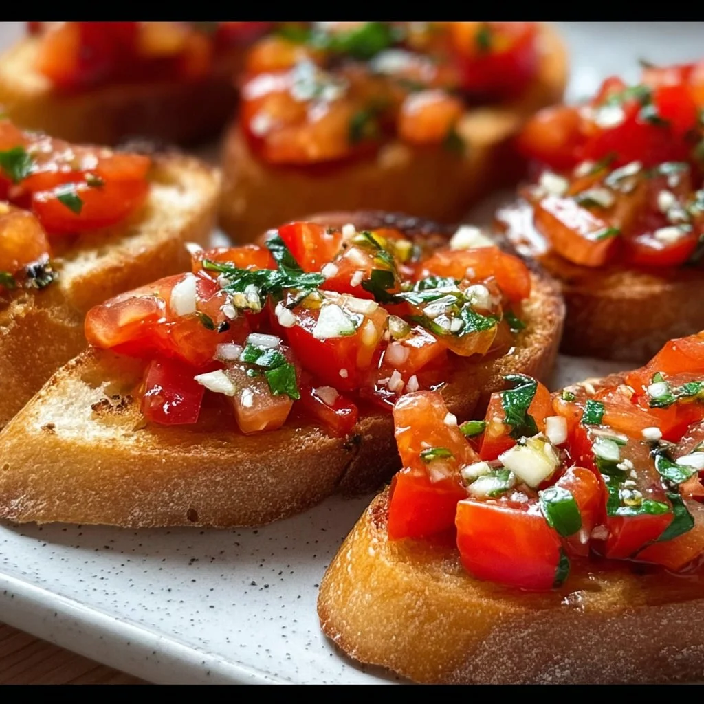 Bruschetta mit frischen Tomaten und Knoblauchöl auf geröstetem Brot