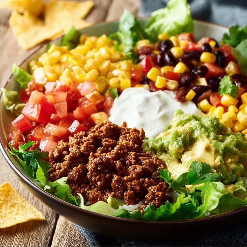Ein köstlicher Burrito Bowl mit Rinderhackfleisch, Reis und frischen Zutaten.