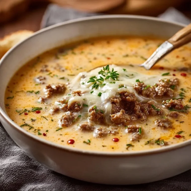 Cremige Käsesuppe mit Hackfleisch in einer Schüssel serviert