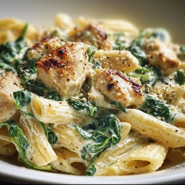 Cremige Pasta mit Hähnchen und Spinat auf einem Teller