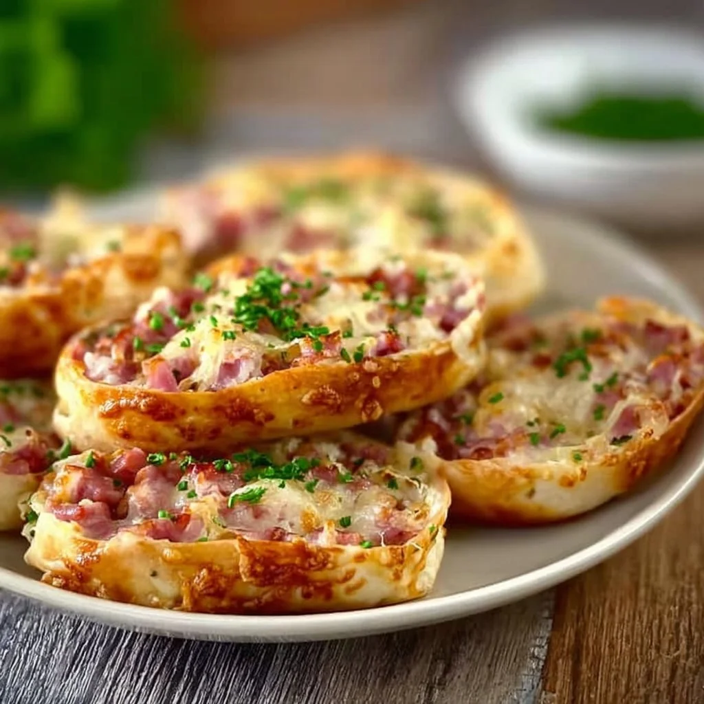 Frisch gebackene Flammkuchen Brötchen auf einem Holzbrett serviert.