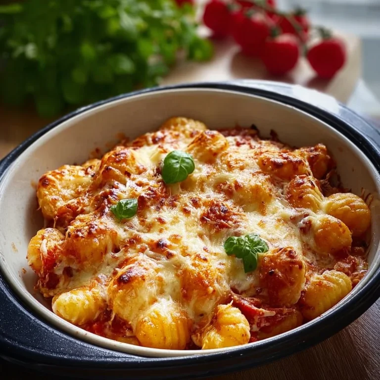 Gnocchi Auflauf im Airfryer serviert mit Käse und frischen Kräutern