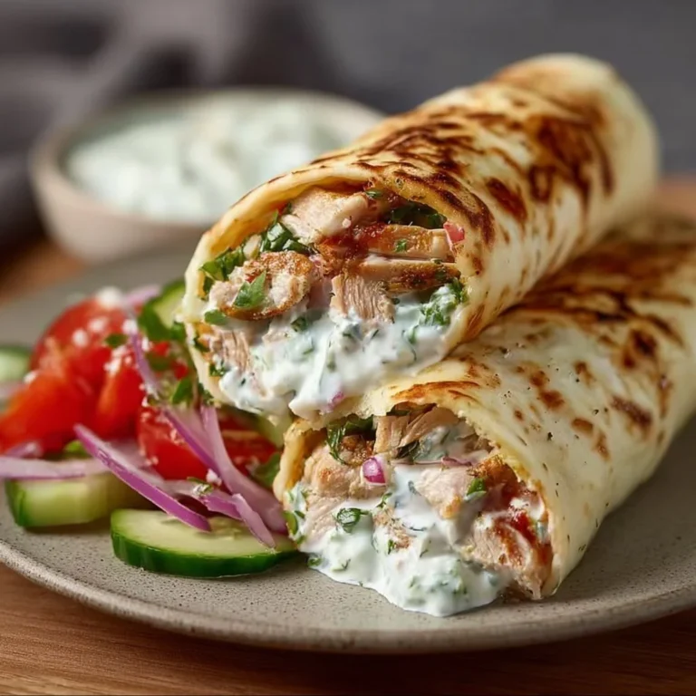 Griechische Hühnchenwraps mit frischem Tzatziki auf einem Teller