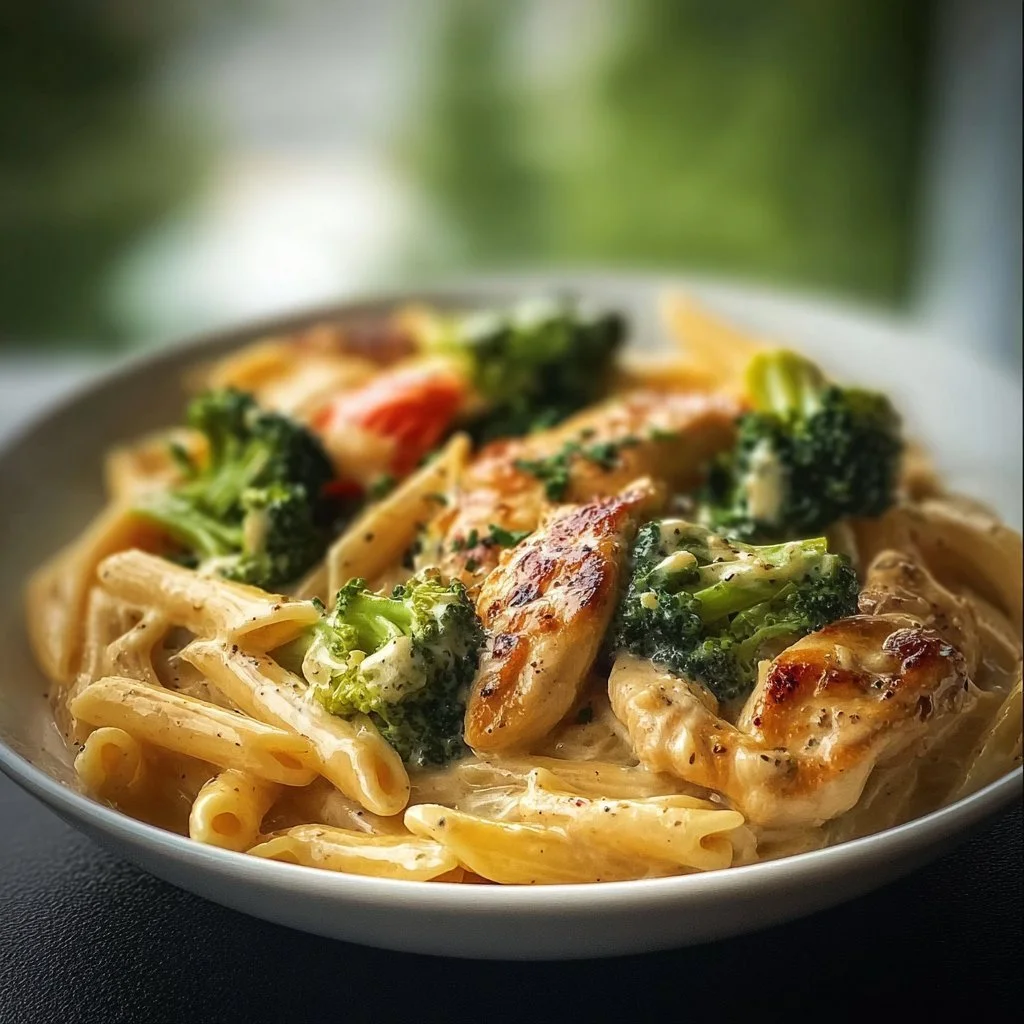 Hähnchen-Brokkoli-Pasta mit frischen Zutaten auf einem Teller serviert