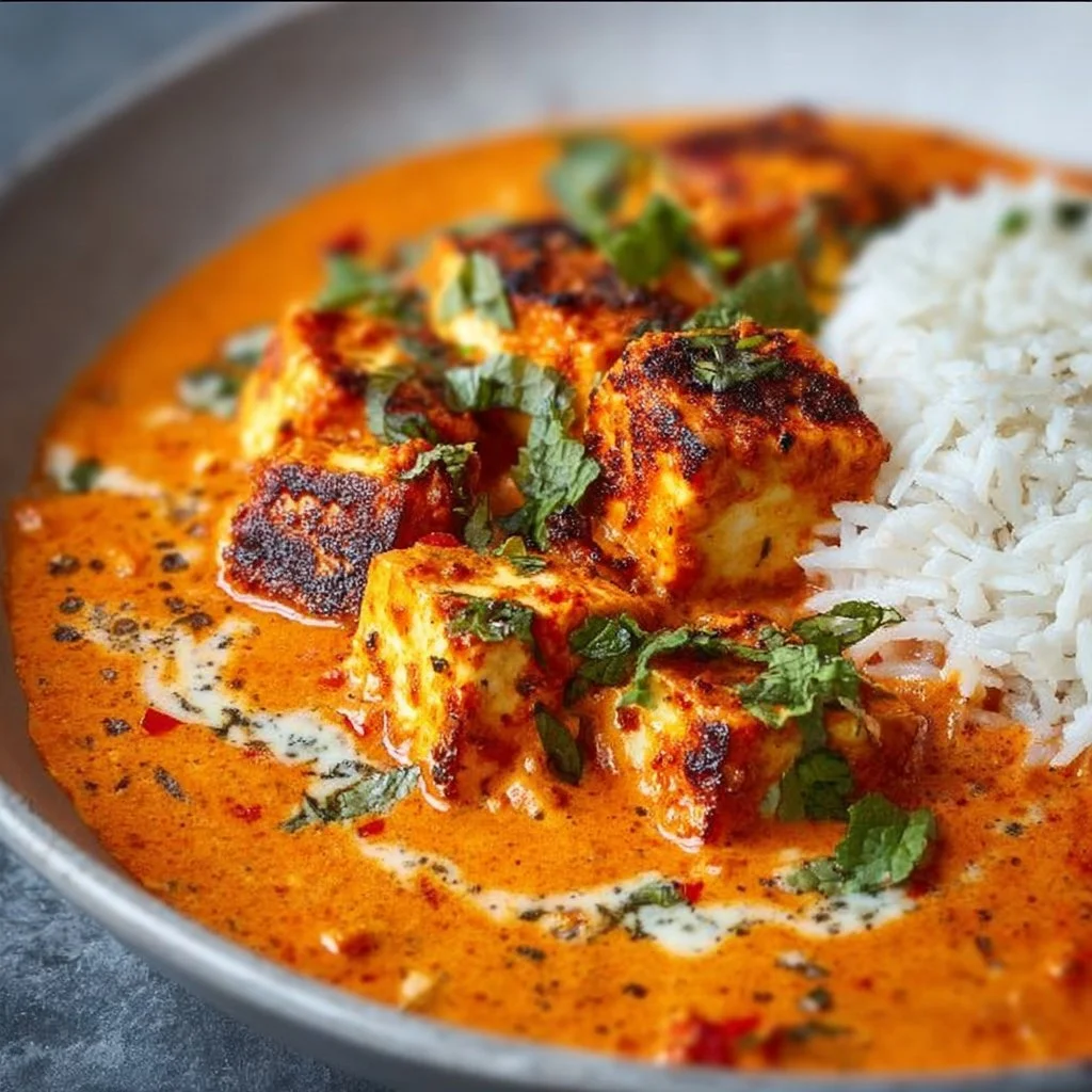 Schmackhaftes Halloumi Tikka Masala mit aromatischen Gewürzen und frischem Gemüse