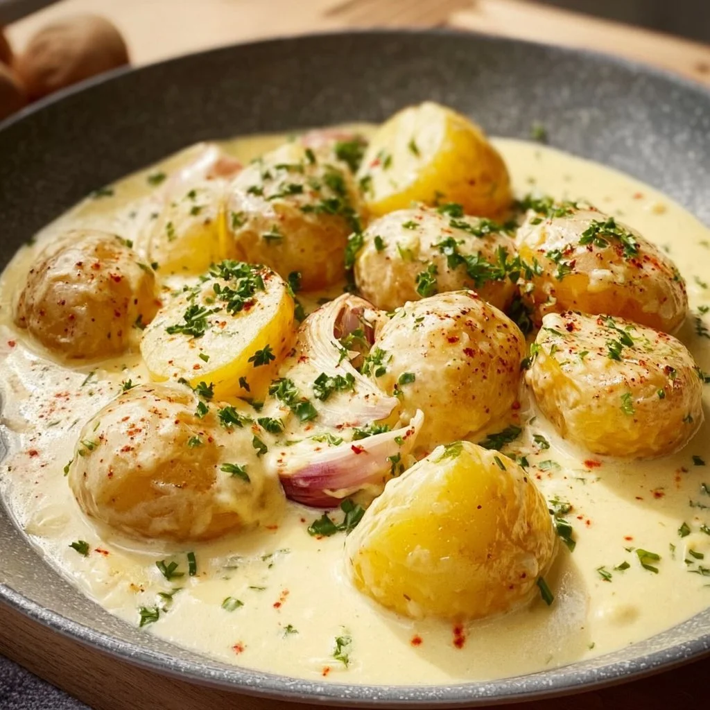 Kartoffeln in Knoblauch-Sahnesauce auf einem Teller serviert