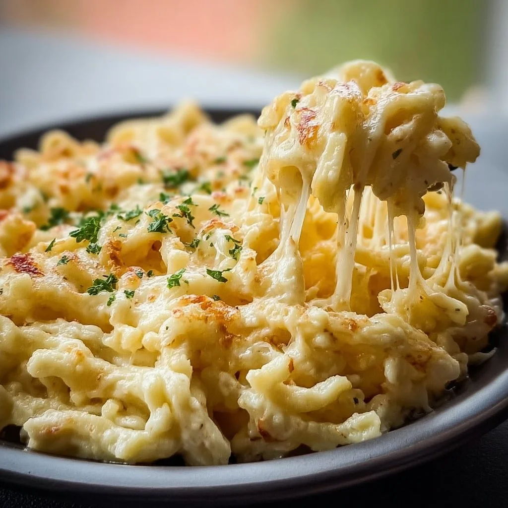 Leckere Käsespätzle aus der Heißluftfritteuse serviert auf einem Teller