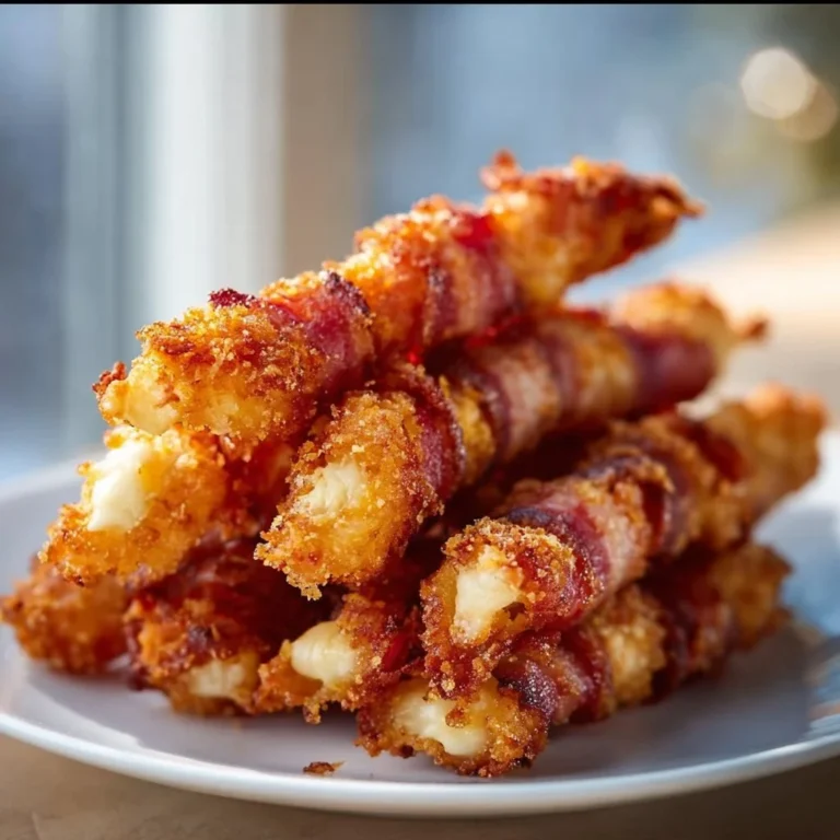 Knusprige Speck-Käse-Sticks auf einem Teller serviert, ideal als Snack.