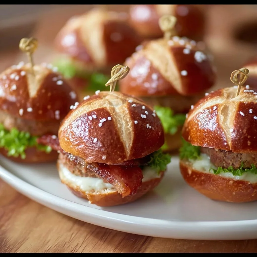 Mini-Laugen-Burger mit Leberkäse, ein köstlicher Snack für Feiern.