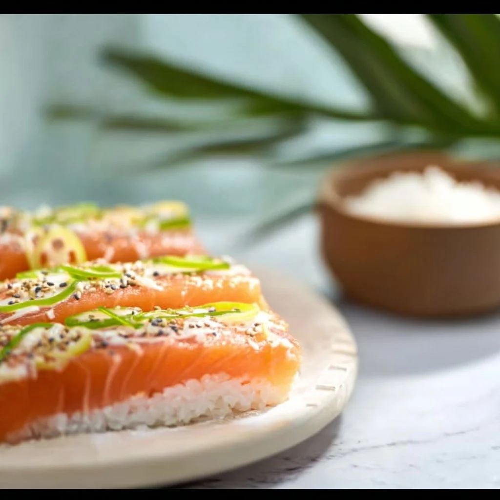 One-Pot-Sushi mit Räucherlachs auf einem Teller serviert